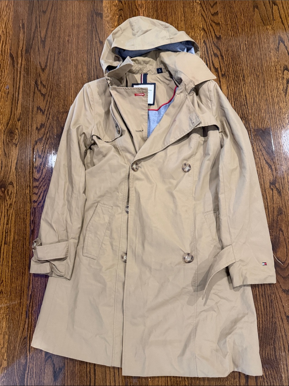 Tommy Hilfiger Khaki Hooded Double-Breasted Trench Coat
